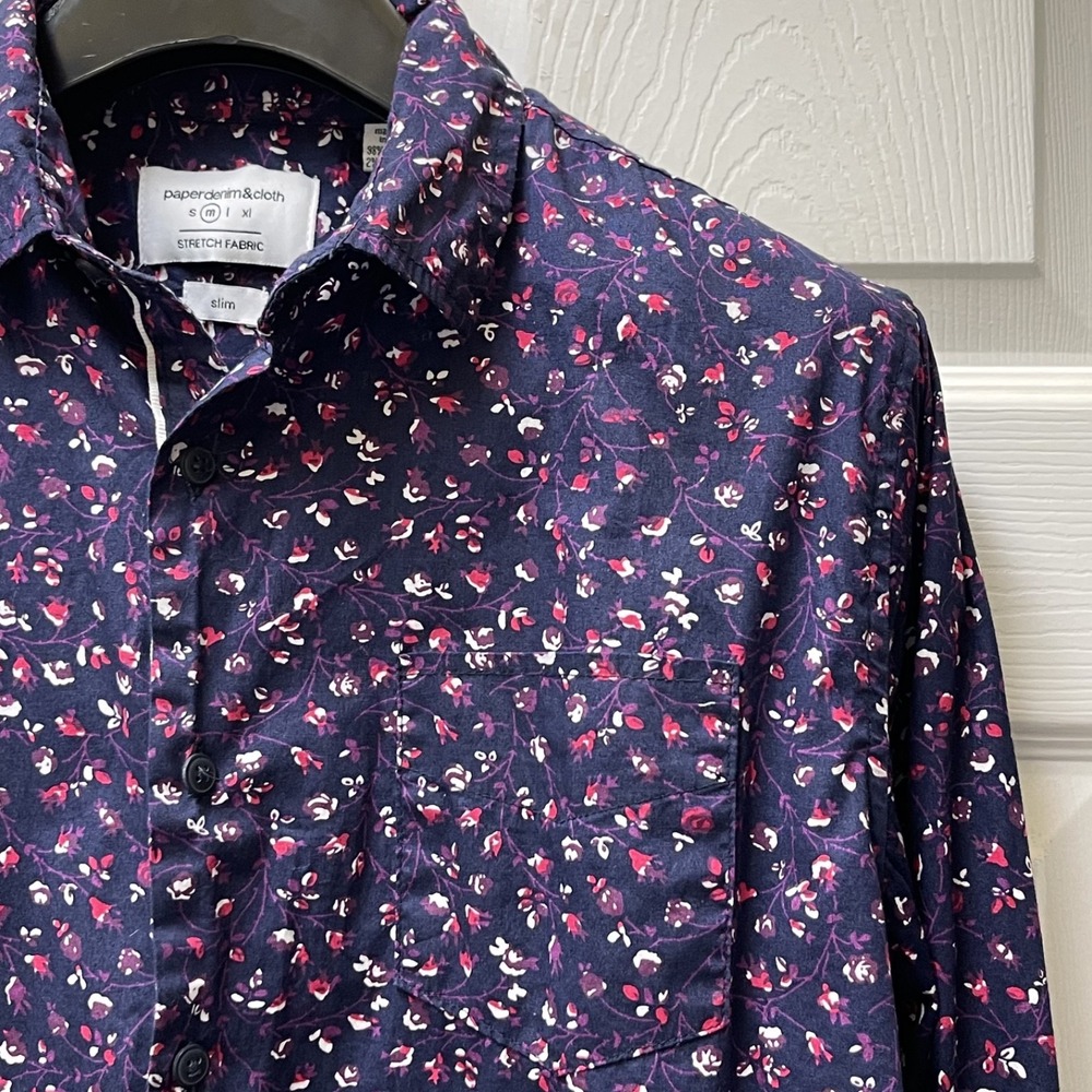 Paper Denim & Cloth Men's Medium Navy Blue Floral Stretch L/S‎ Button Down Shirt